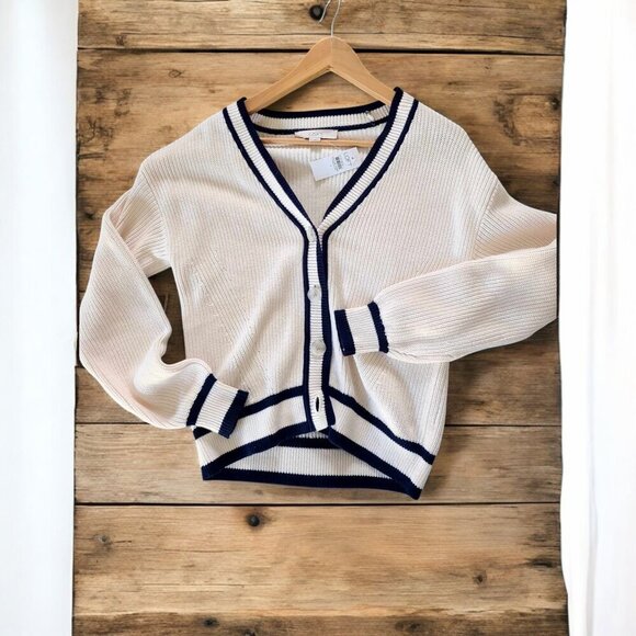 LOFT  V-Neck Cardigan blue and white maritime NWT cotton - Picture 2 of 5